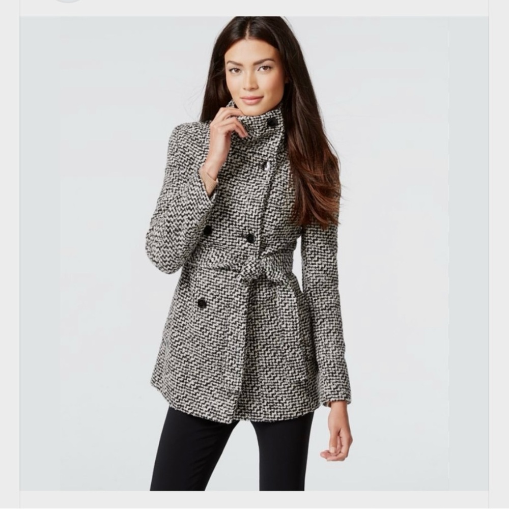 Calvin Klein Black and White Textured Double-Button-Up Belted Tweed Trench Coat